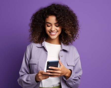 woman with phone on purple background