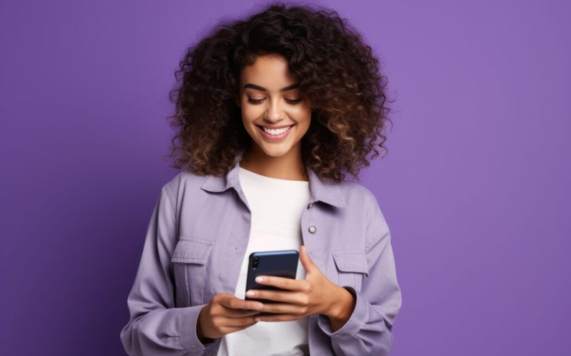woman with phone on purple background